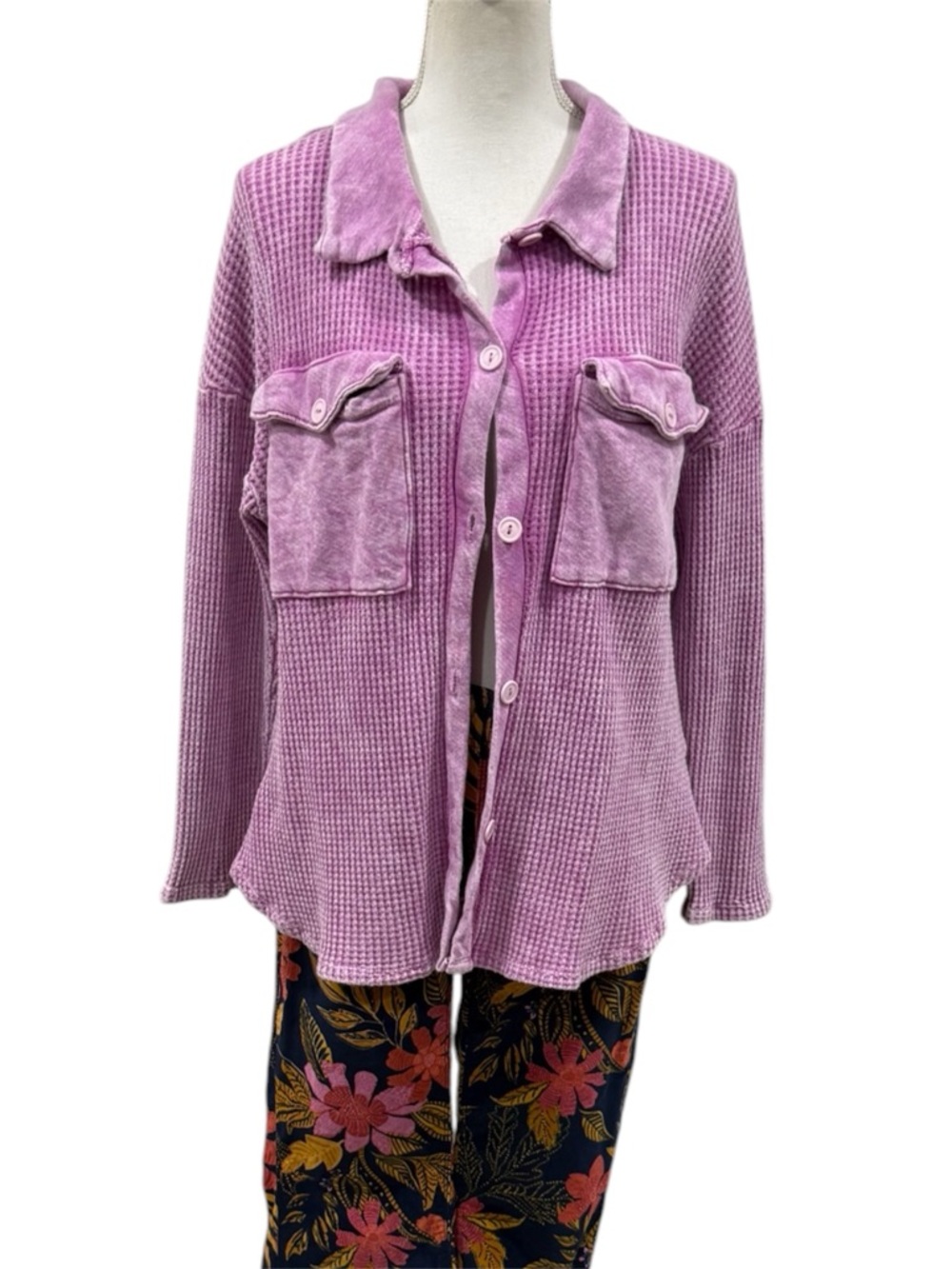 Bucket List Kayla Waffle Knit Shacket In Washed Fuchsia - Picture 9 of 15